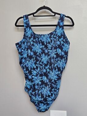 Lands' End Women's 18W One Piece Swimsuit Blue Floral Tugless Sport Bathing Suit